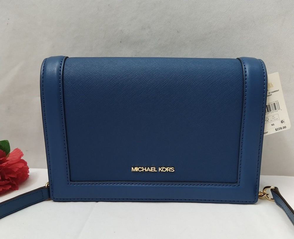 Michael Kors Jet Set Blue Leather Flap Closure Chain Strap Crossbody Bag